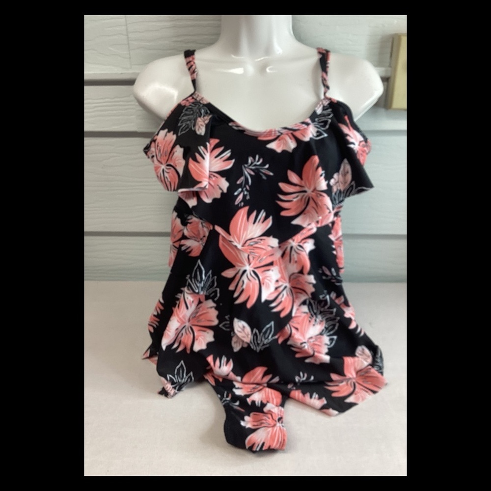 Black and orange flowers two piece swimsuit.